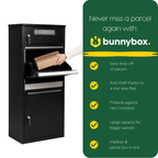 Hand sliding a parcel through the flap of the BunnyBox Plus, with five benefits