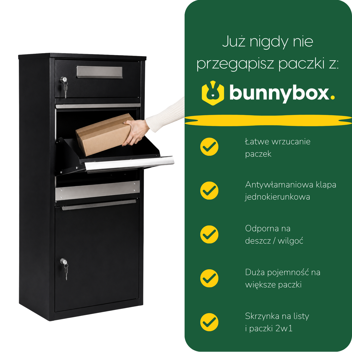 Dłoń wsuwa paczkę przez klapę BunnyBox Plus, pięć zalet
