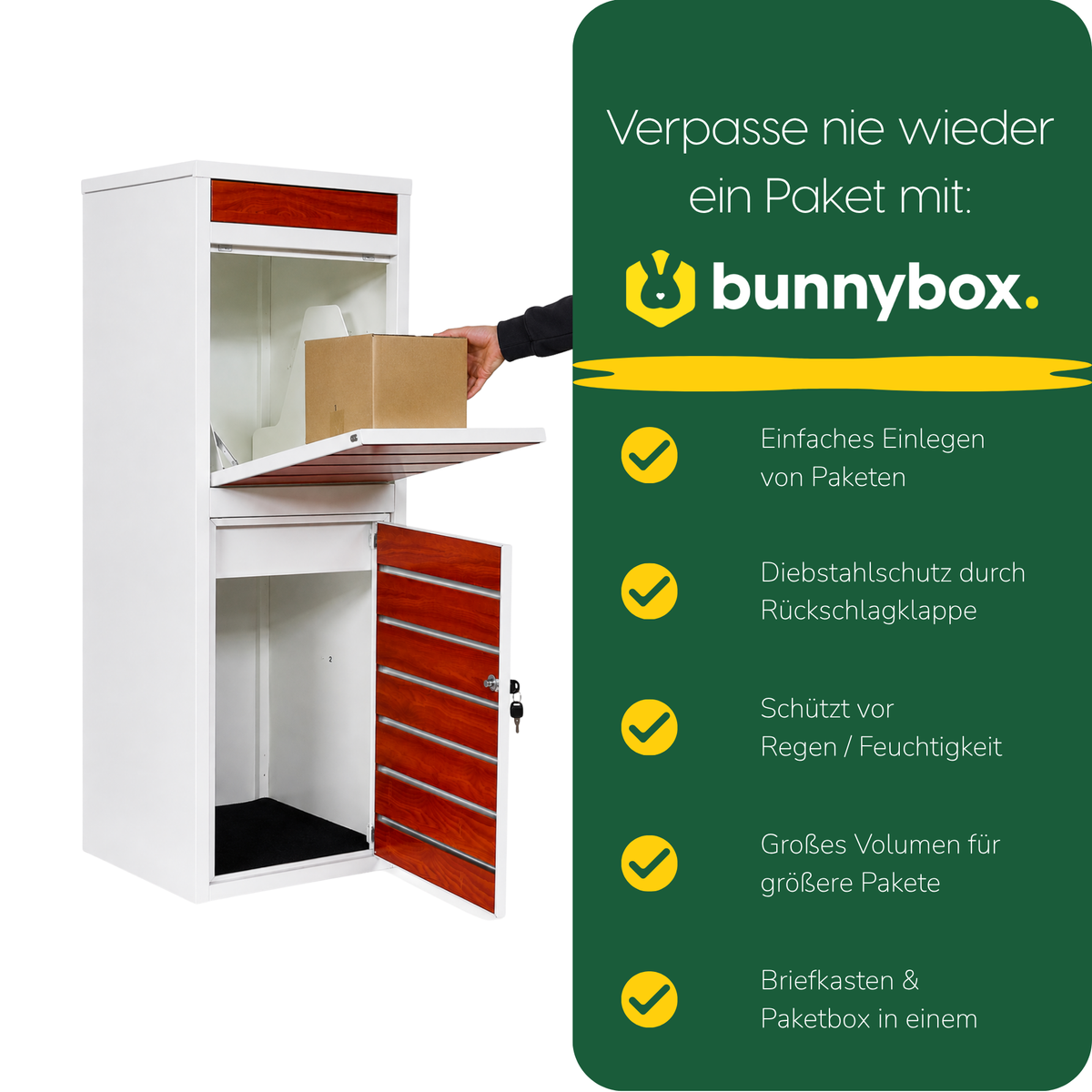Hand legt ein Paket in die weiße BunnyBox Style, mit fünf Vorteilen