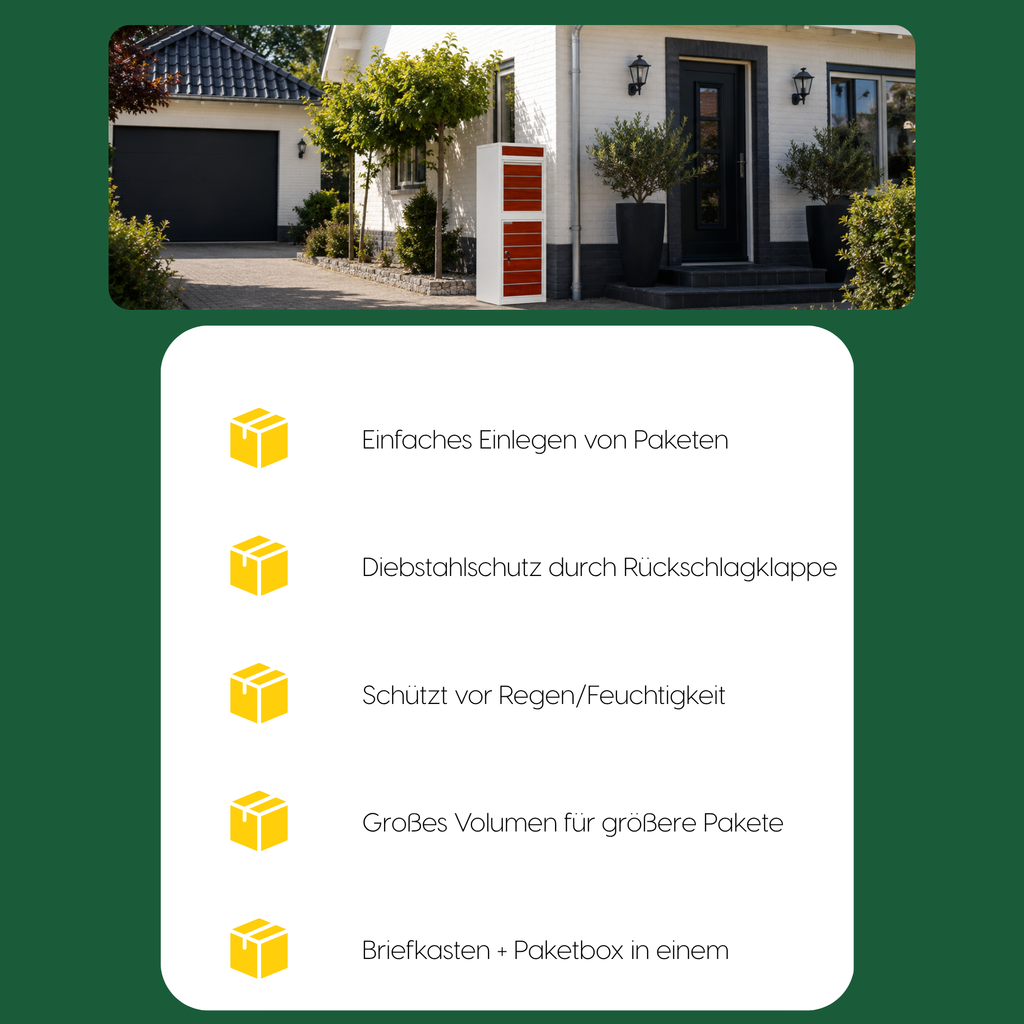 Fünf Merkmale der BunnyBox Style neben einem Foto der Box an einem Haus