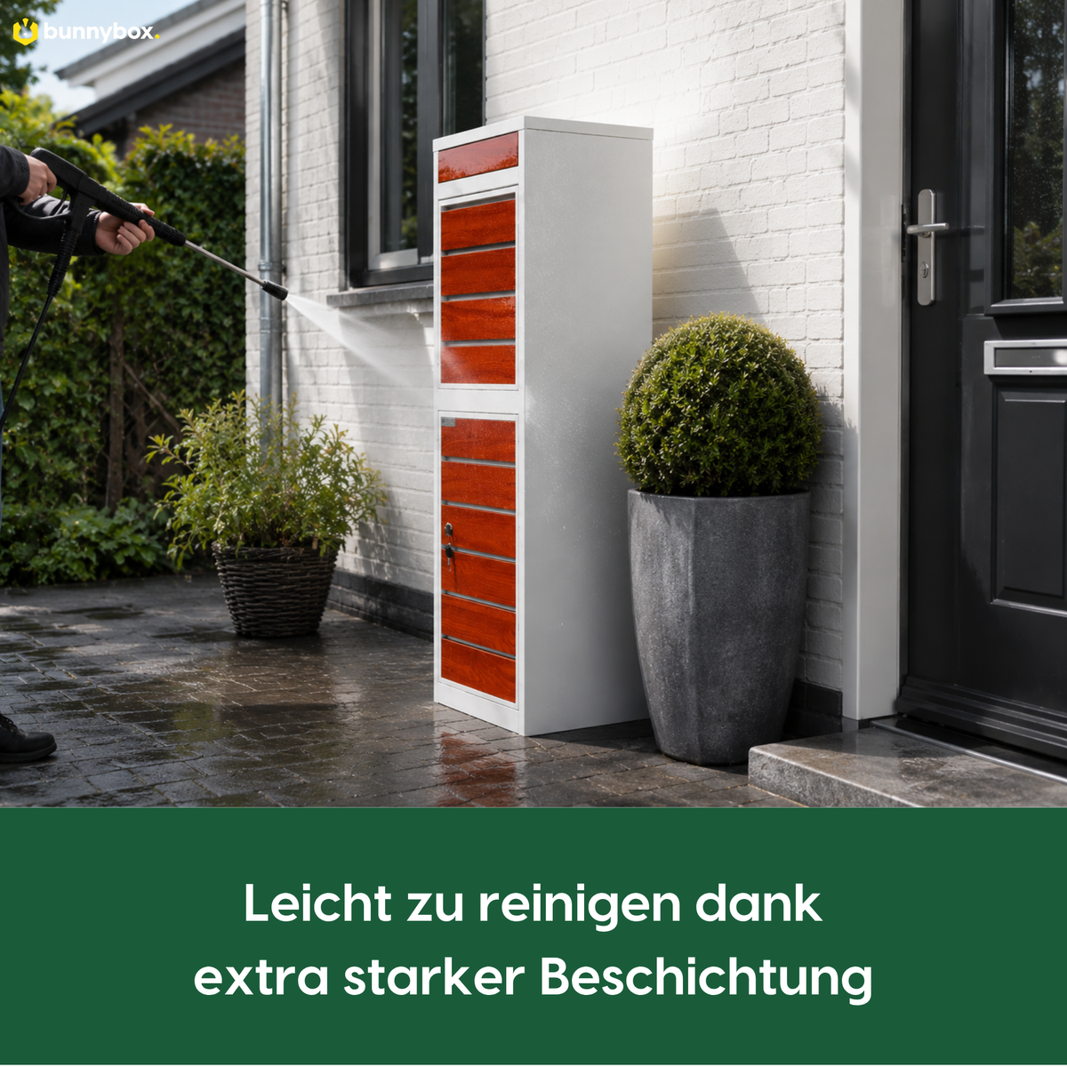 Die weiße BunnyBox Style wird abgespritzt dank der extra starken Beschichtung