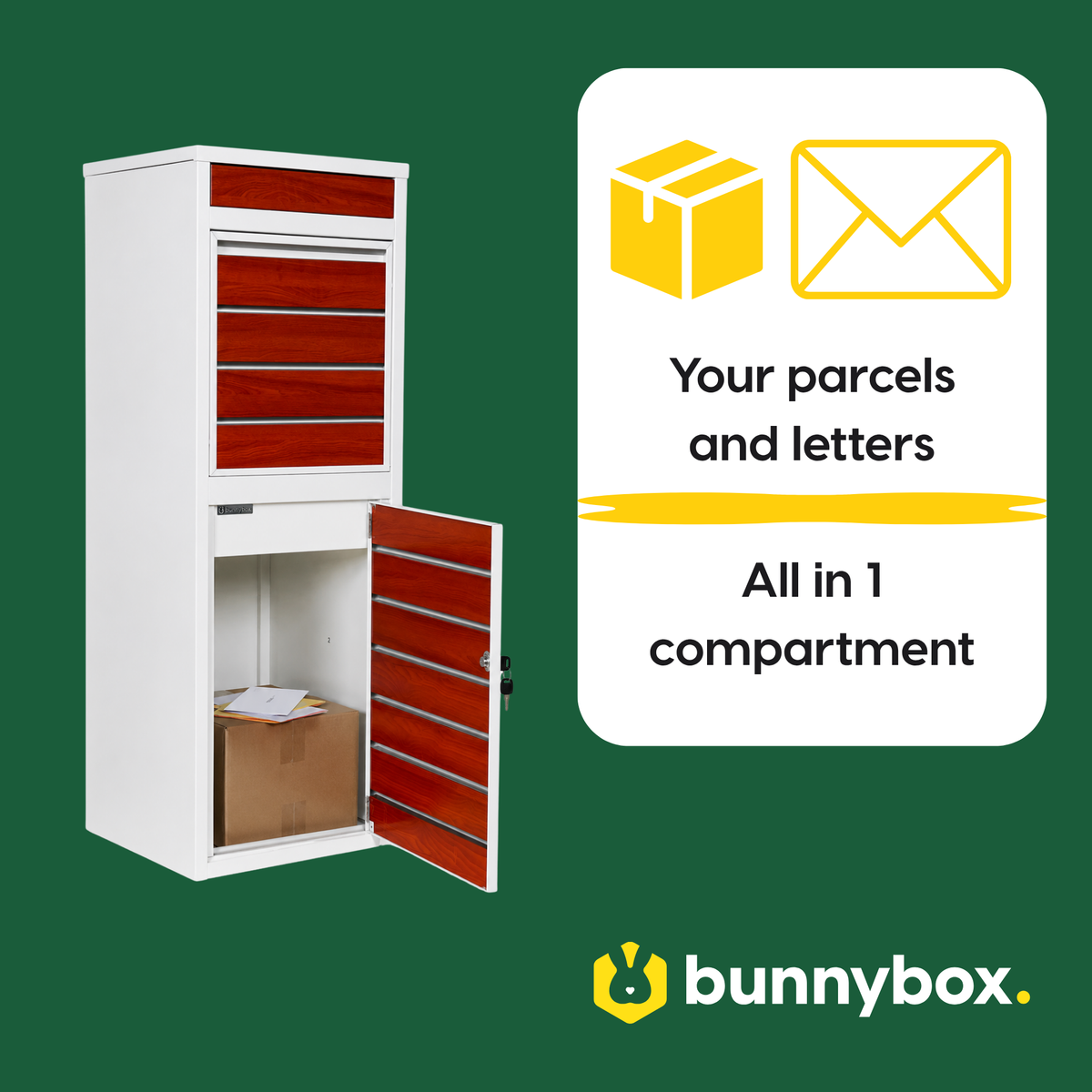 Parcels and letters neatly in one compartment of the white BunnyBox Style