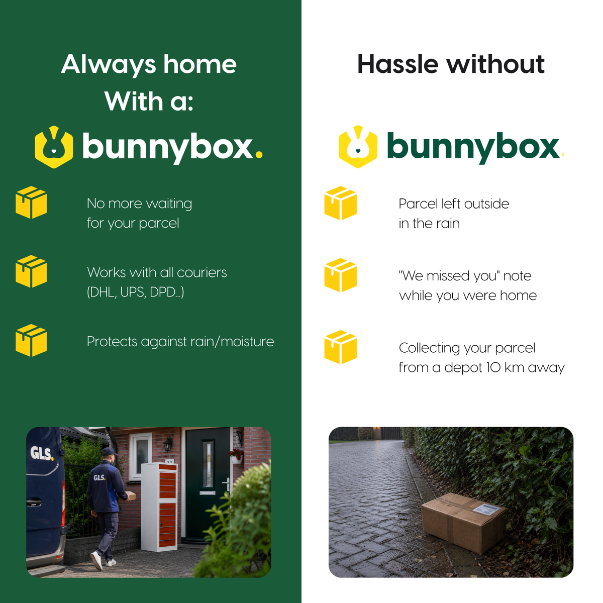 Always home with a white BunnyBox Style versus the frustration without a box
