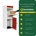 Una mano deja un paquete en el BunnyBox Style blanco, con cinco ventajas