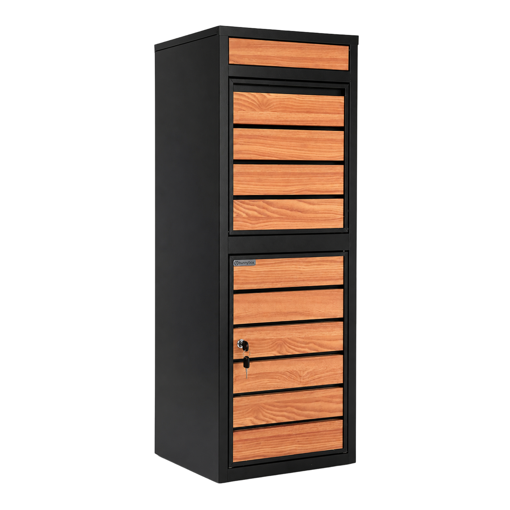 BunnyBox Style negro con roble claro, vista frontal con ranura para cartas