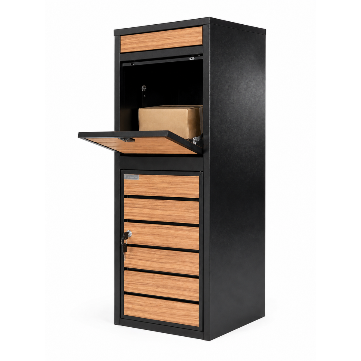 BunnyBox Style à façade en chêne clair, trappe ouverte avec un colis