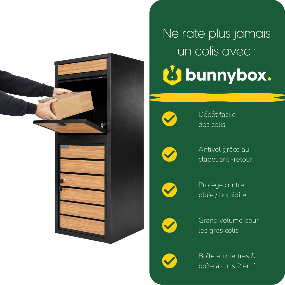 Une main glisse un colis dans la BunnyBox Style en chêne clair, cinq avantages