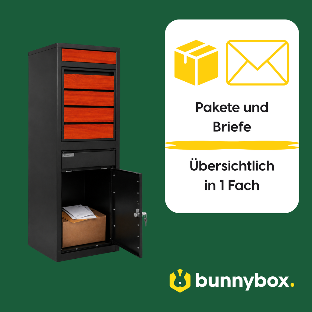 Pakete und Briefe übersichtlich in einem Fach der BunnyBox Style mit Teak