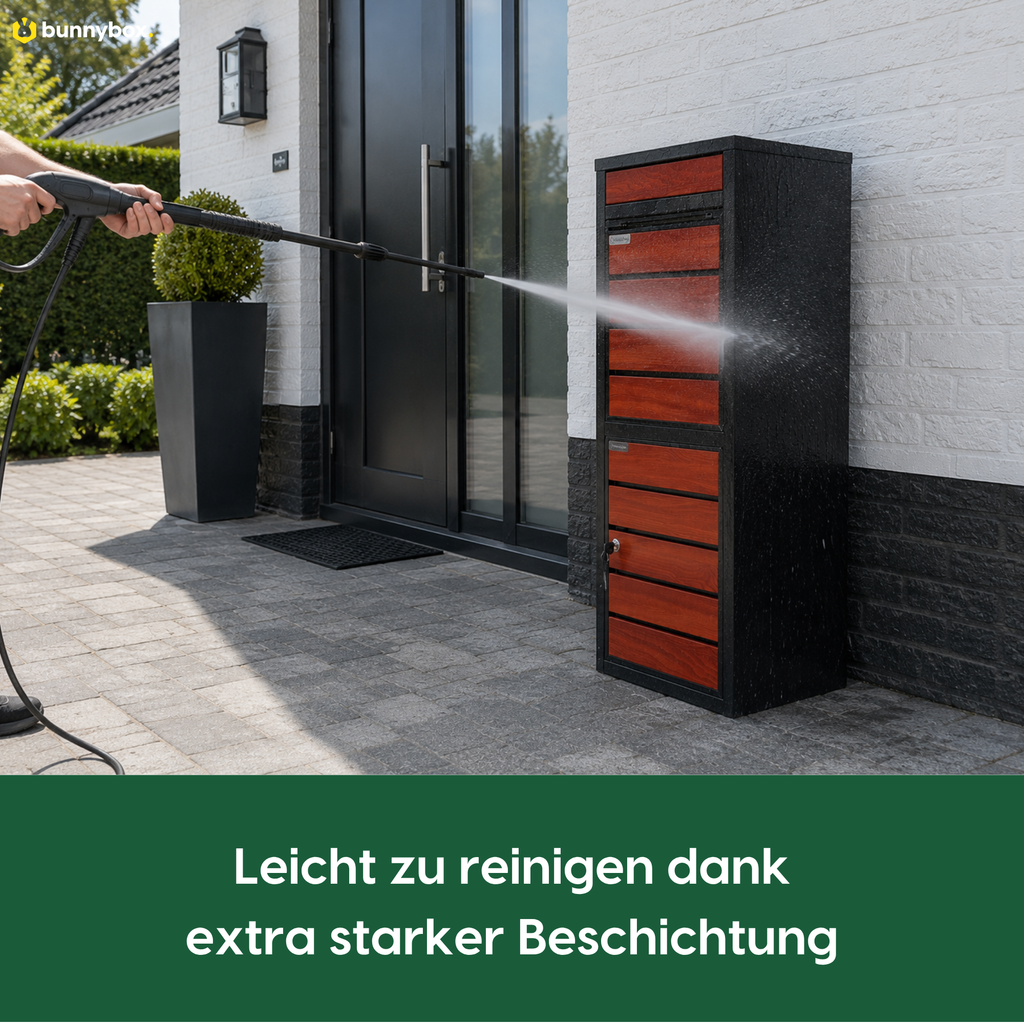 Die BunnyBox Style mit Teak-Front wird abgespritzt dank der Beschichtung