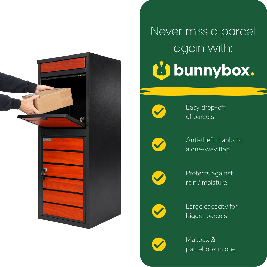 Hand sliding a parcel through the flap of the BunnyBox Style, with five benefits