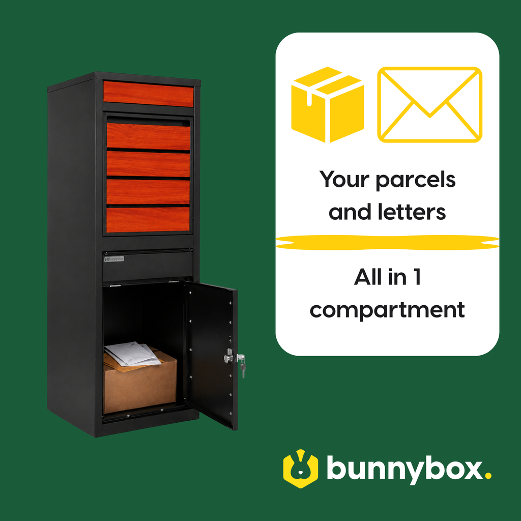 Parcels and letters neatly in one compartment of the BunnyBox Style with teak
